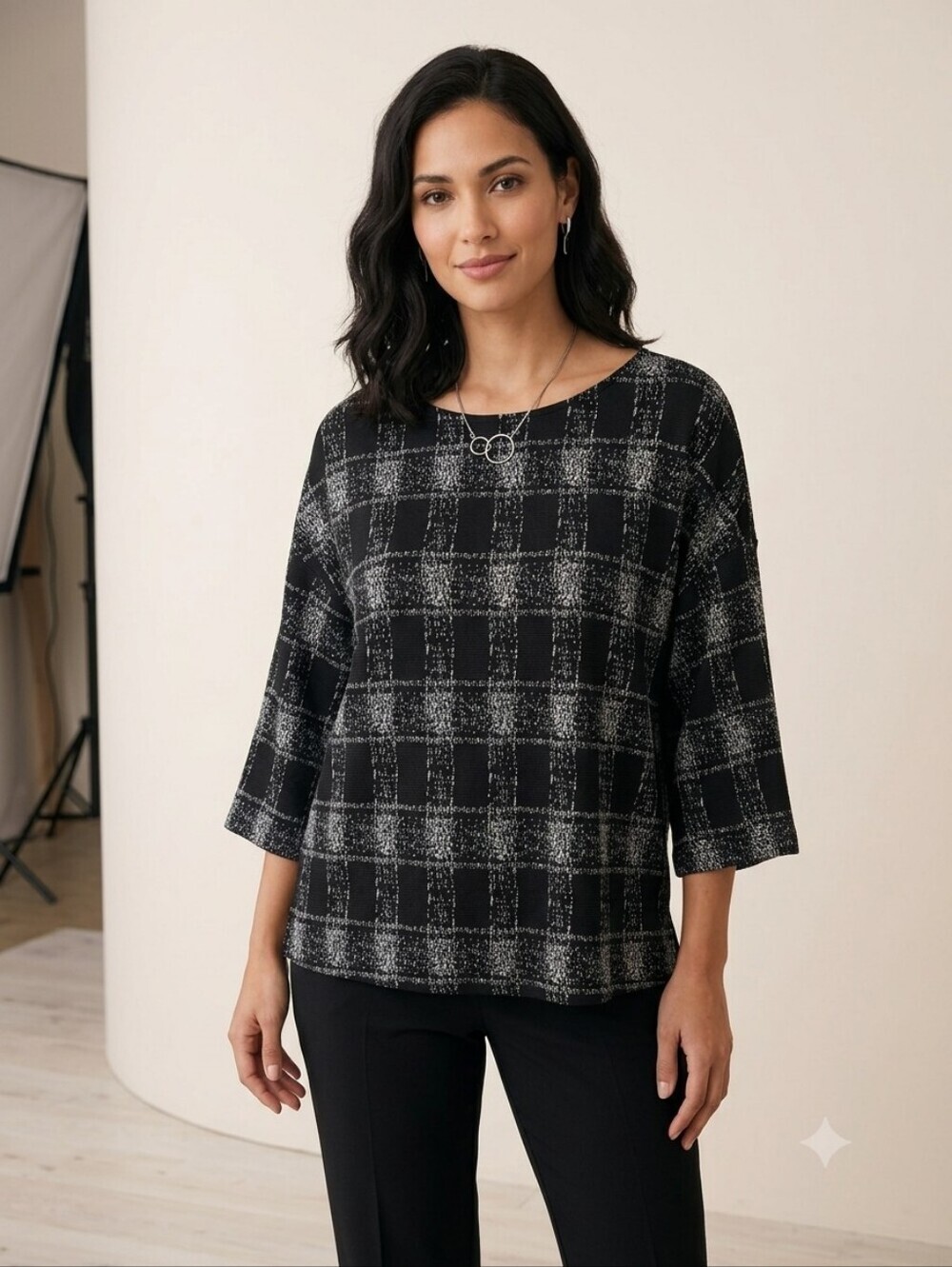 Adyson Parker Black and Gray Plaid Knit Tunic